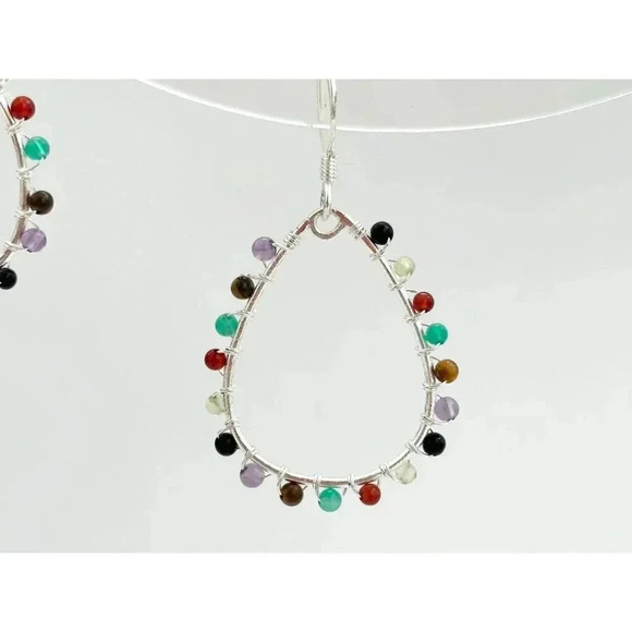 Sterling Silver Rainbow Quartz Gemstone Lined Teardrop Vintage Hoop Earrings - Picture 8 of 9